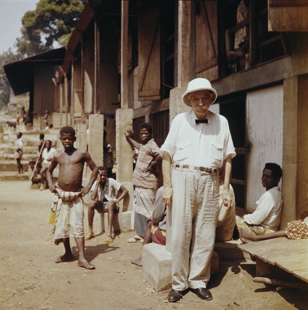 Albert Schweitzer, circa 1960 in Lambaréné, Gabon, where he established a hospital.