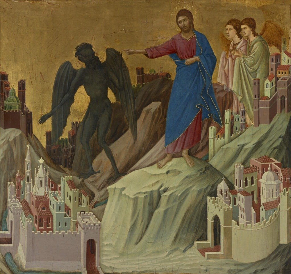 La tentation sur la montagne par Duccio (v. 1310).