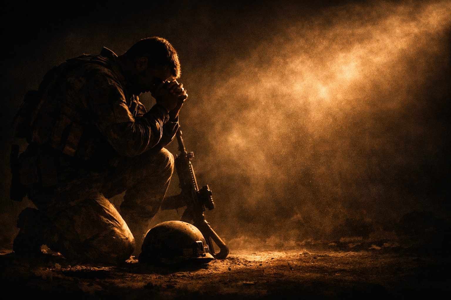 Soldat en prière au combat