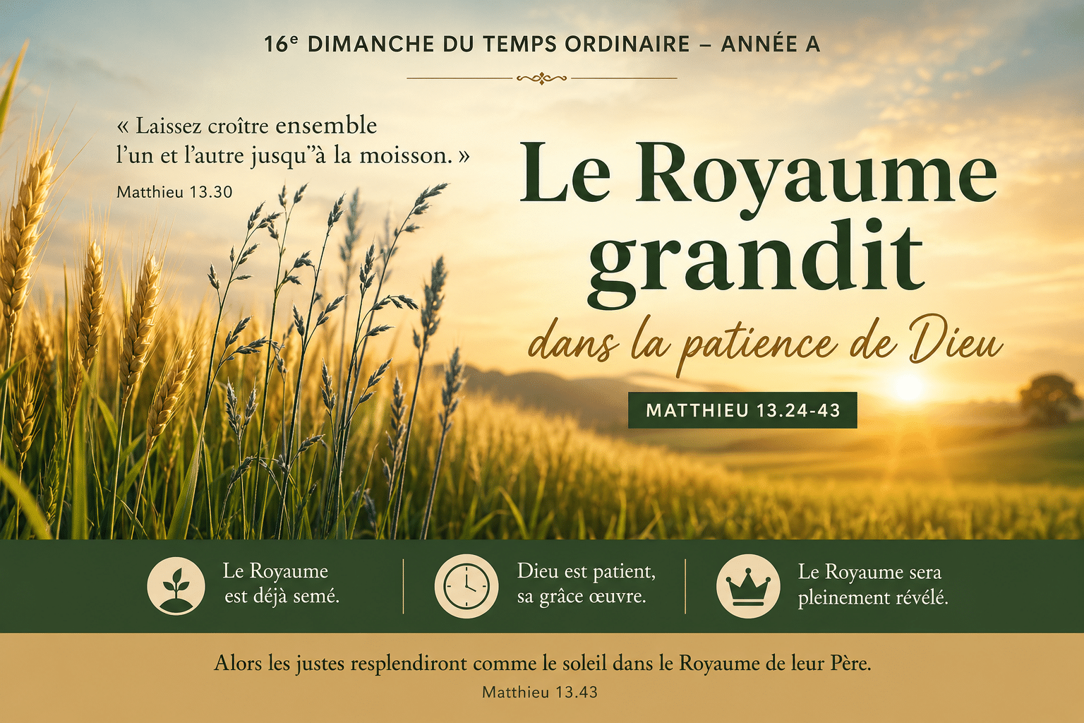 16e dimanche du Temps ordinaire – Année A : « Le Royaume grandit au milieu du monde jusqu’au jour de la moisson » (Matthieu 13.22–33)