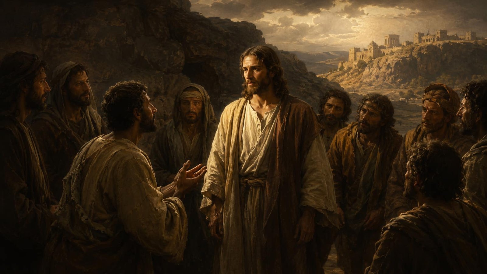 Jésus, éclairé au centre, reçoit la confession de Pierre devant les disciples près de Césarée de Philippe, selon Matthieu 16.13-20.