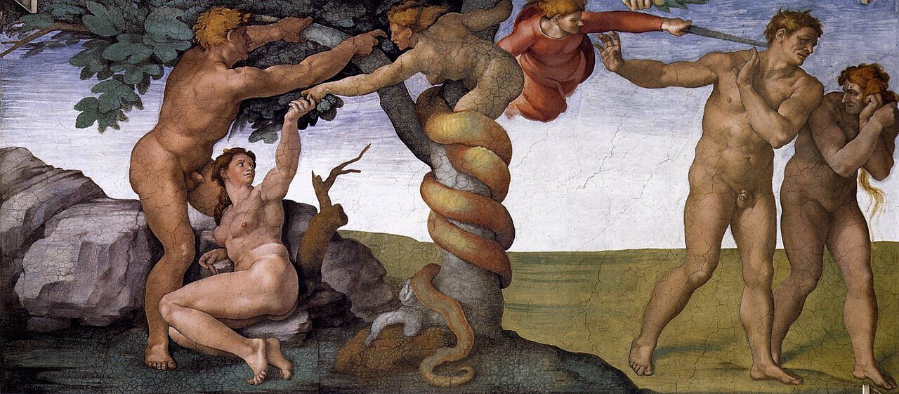 Fresque de Michel-Ange montrant la Chute d’Adam et Ève à gauche et leur expulsion du jardin d’Éden à droite.