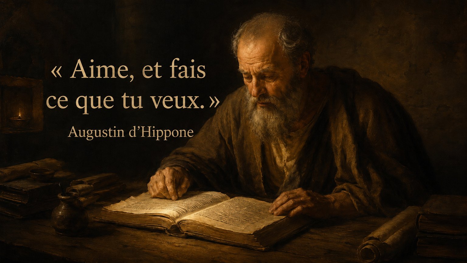 Augustin d’Hippone lisant un codex, avec la citation « Aime, et fais ce que tu veux ».
