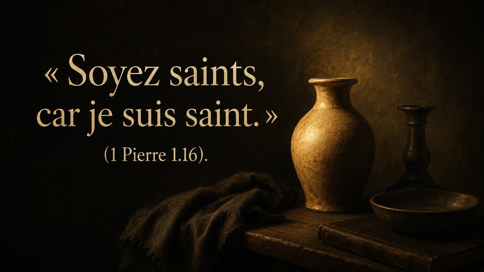 Nature morte en clair-obscur montrant un vase éclairé parmi des objets dans l’ombre, avec « Soyez saints, car je suis saint. » (1 Pierre 1.16).