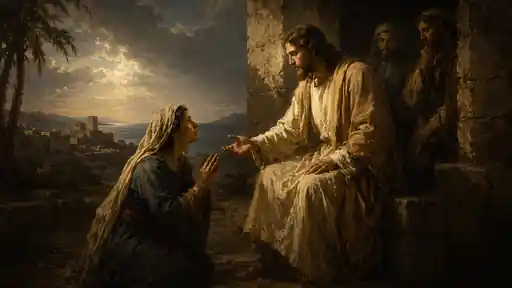 Jésus tend la main à la femme cananéenne agenouillée près de Tyr et Sidon, image d’une foi persévérante qui s’attache à la grâce du Christ.