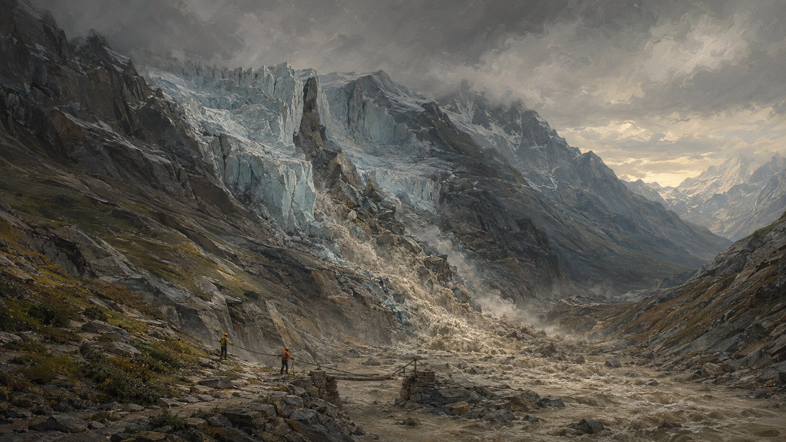 Glacier himalayen fracturé au-dessus d’un torrent de boue, avec deux sauveteurs tenant une corde près d’une passerelle endommagée.