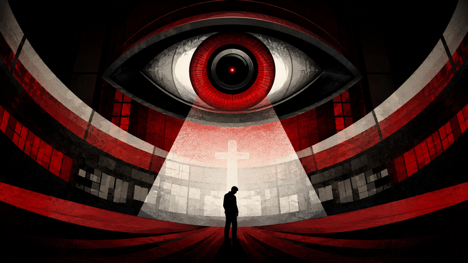 Illustration inspirée de 1984 : un homme seul sous l’œil monumental d’un dispositif de surveillance rouge et noir.