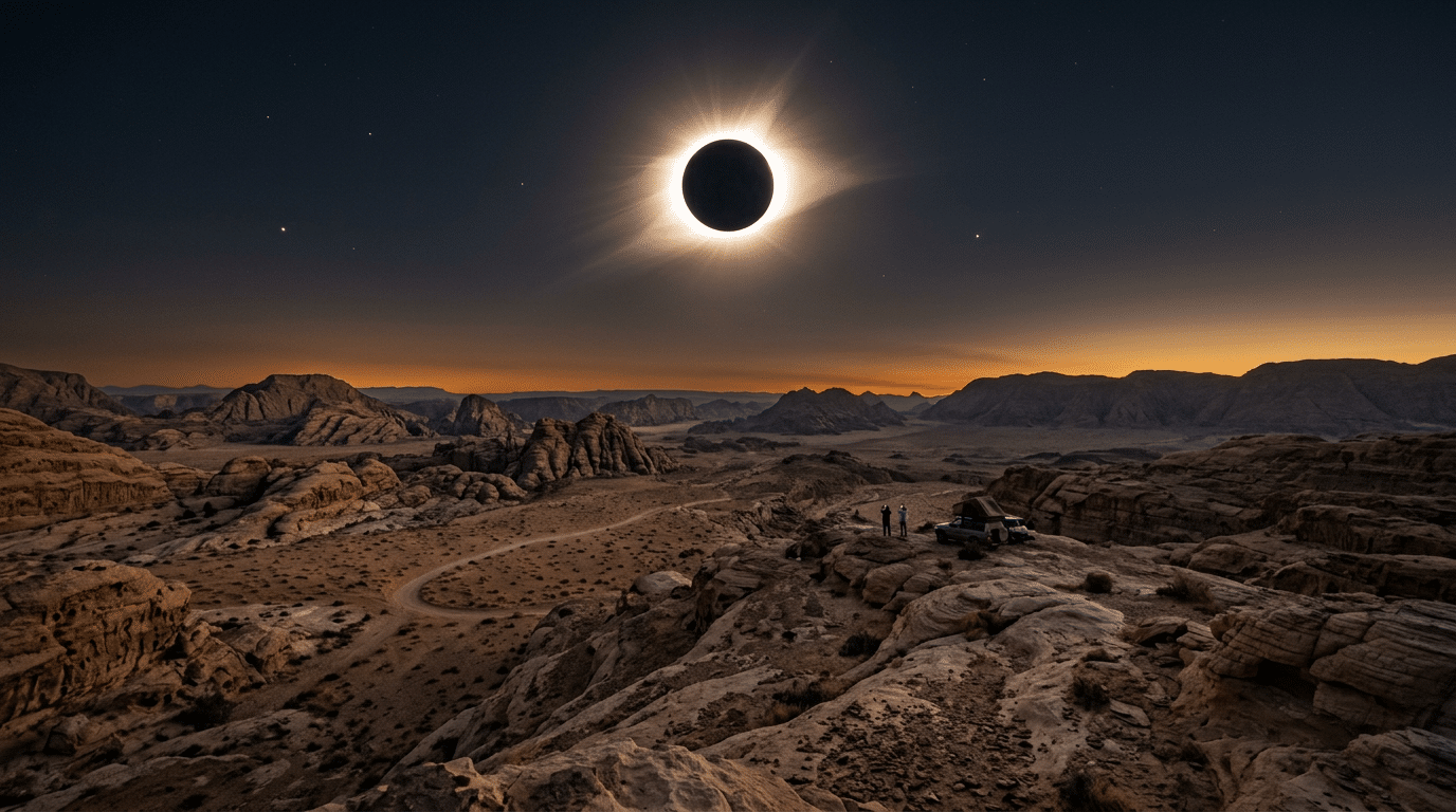 Total solar eclipse over rocky desert landscape with parked jeep and two people