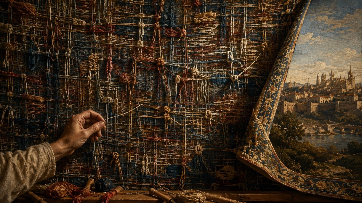 Main humaine tenant un fil devant l’envers complexe d’une tapisserie, dont un pan retourné révèle une cité ordonnée et lumineuse.