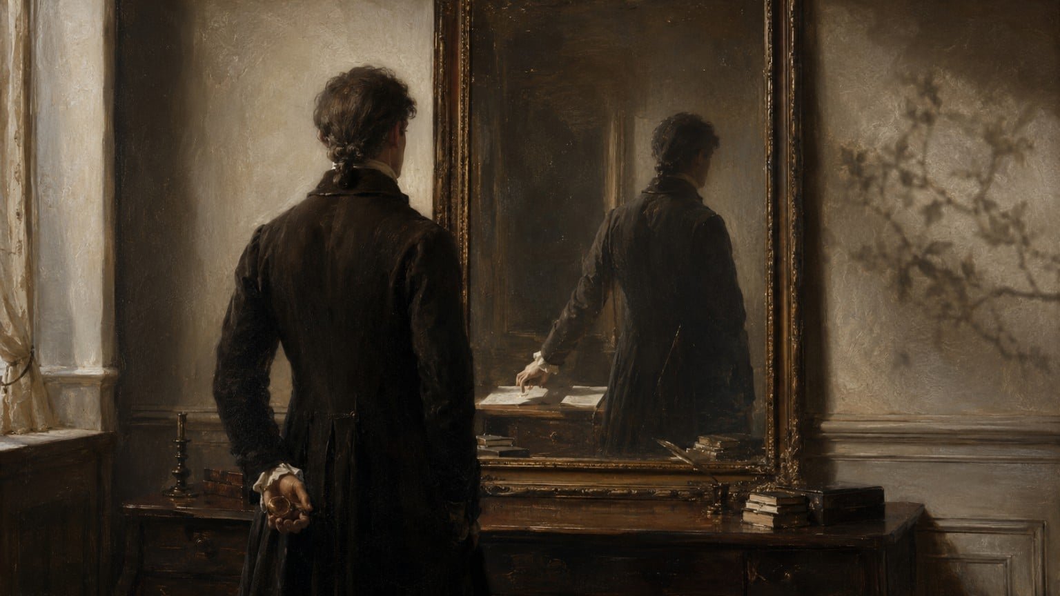 Un homme vu de dos face à un miroir ancien ; son reflet tend la main vers une page claire tandis qu’il cache un objet derrière son dos.