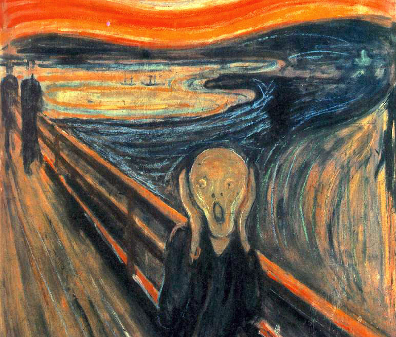 Le Cri d’Edvard Munch : figure au visage angoissé sur un pont, devant le fjord d’Oslo et un ciel ondulant.