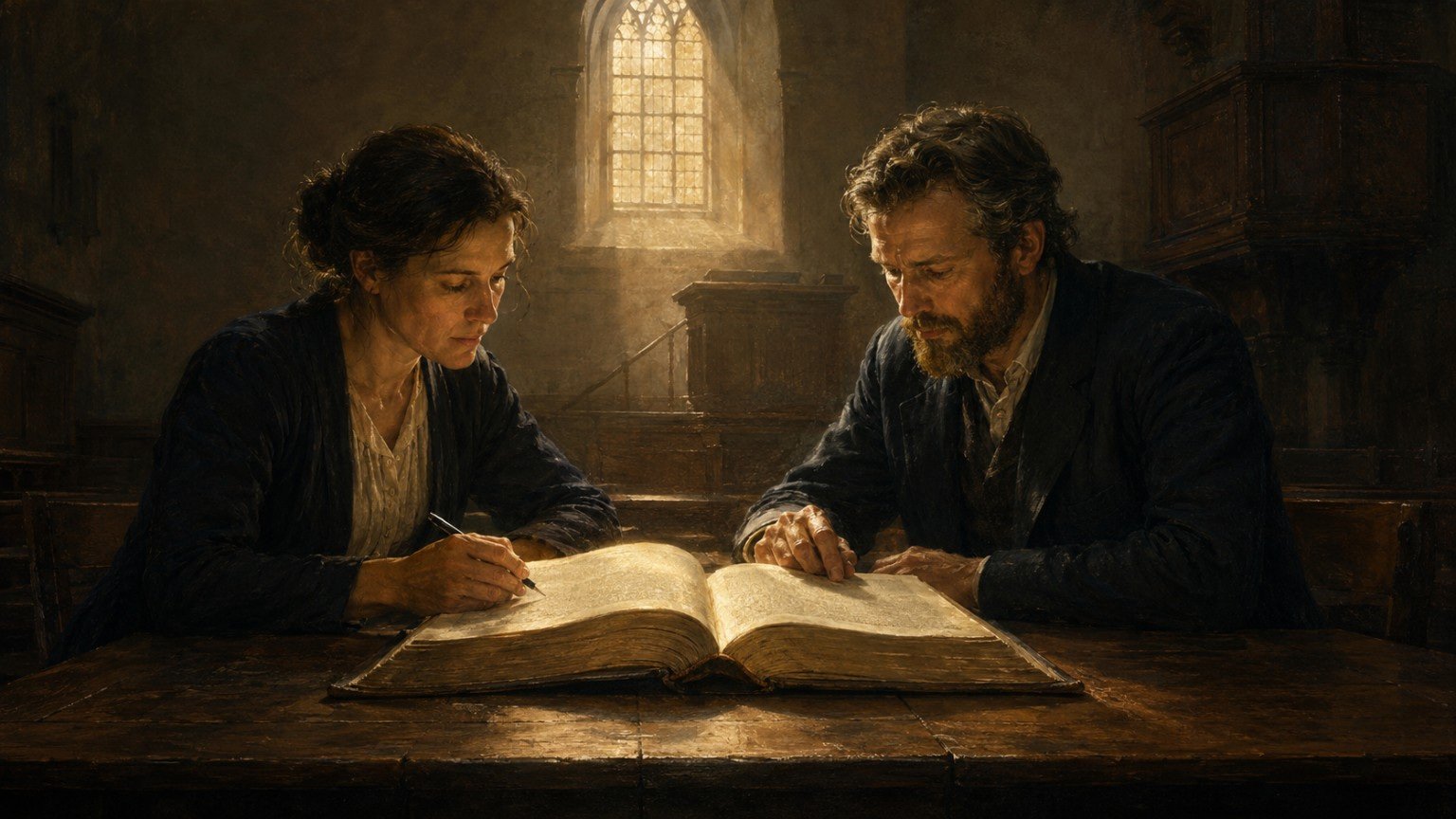 Une femme et un homme étudient ensemble une Bible ouverte dans une église, sous une lumière dorée.