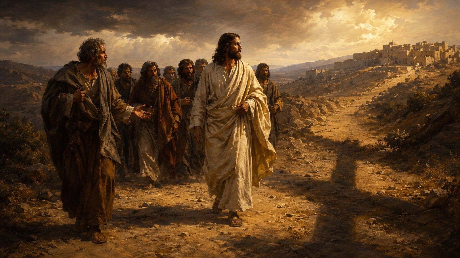 Jésus marche résolument vers Jérusalem, suivi de ses disciples, tandis que Pierre l’interpelle sur le chemin éclairé qui évoque l’appel à prendre sa croix.