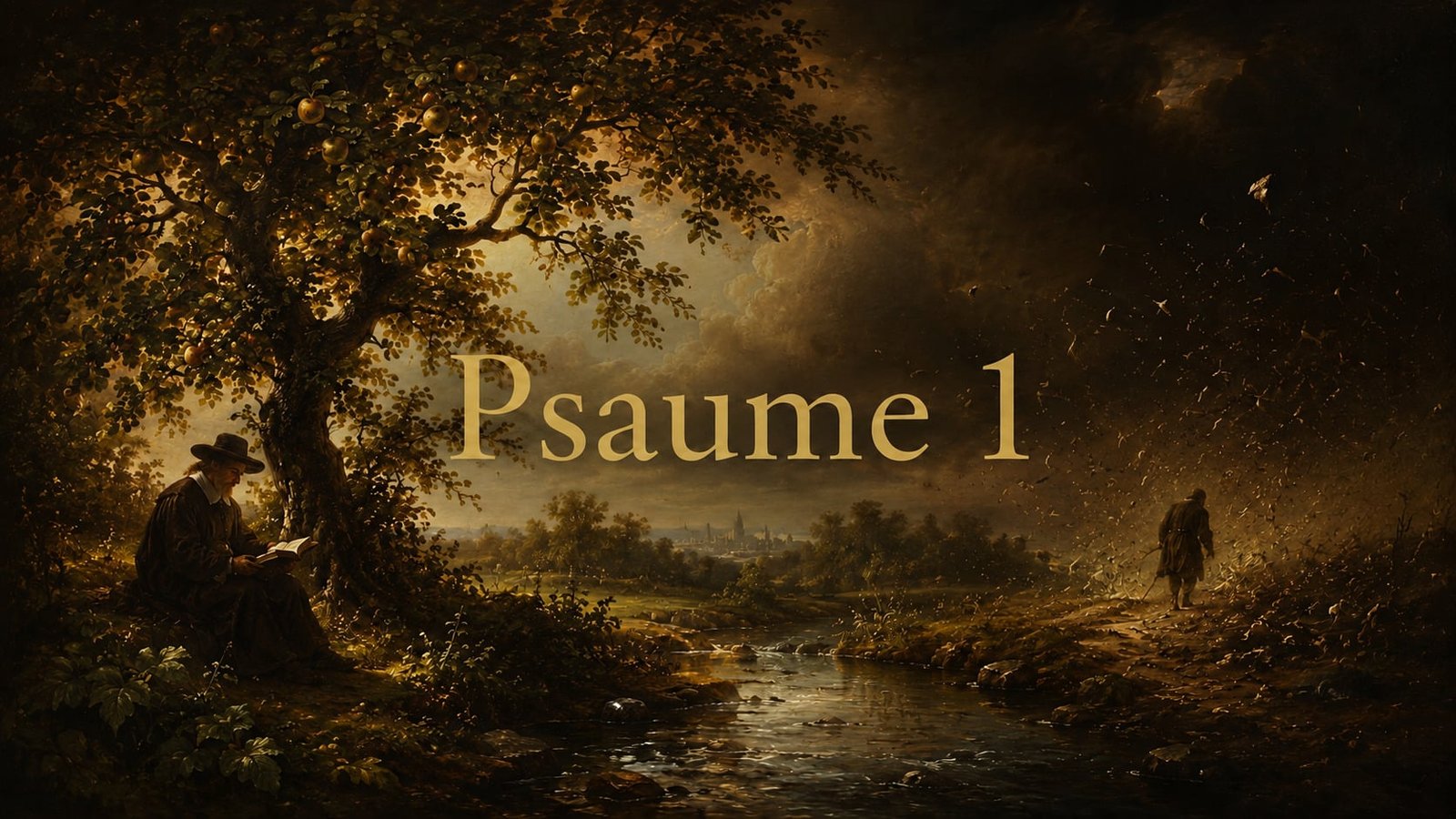 Psaume 1 sur une peinture montrant un arbre fécond près d’un ruisseau et la paille dispersée au loin.