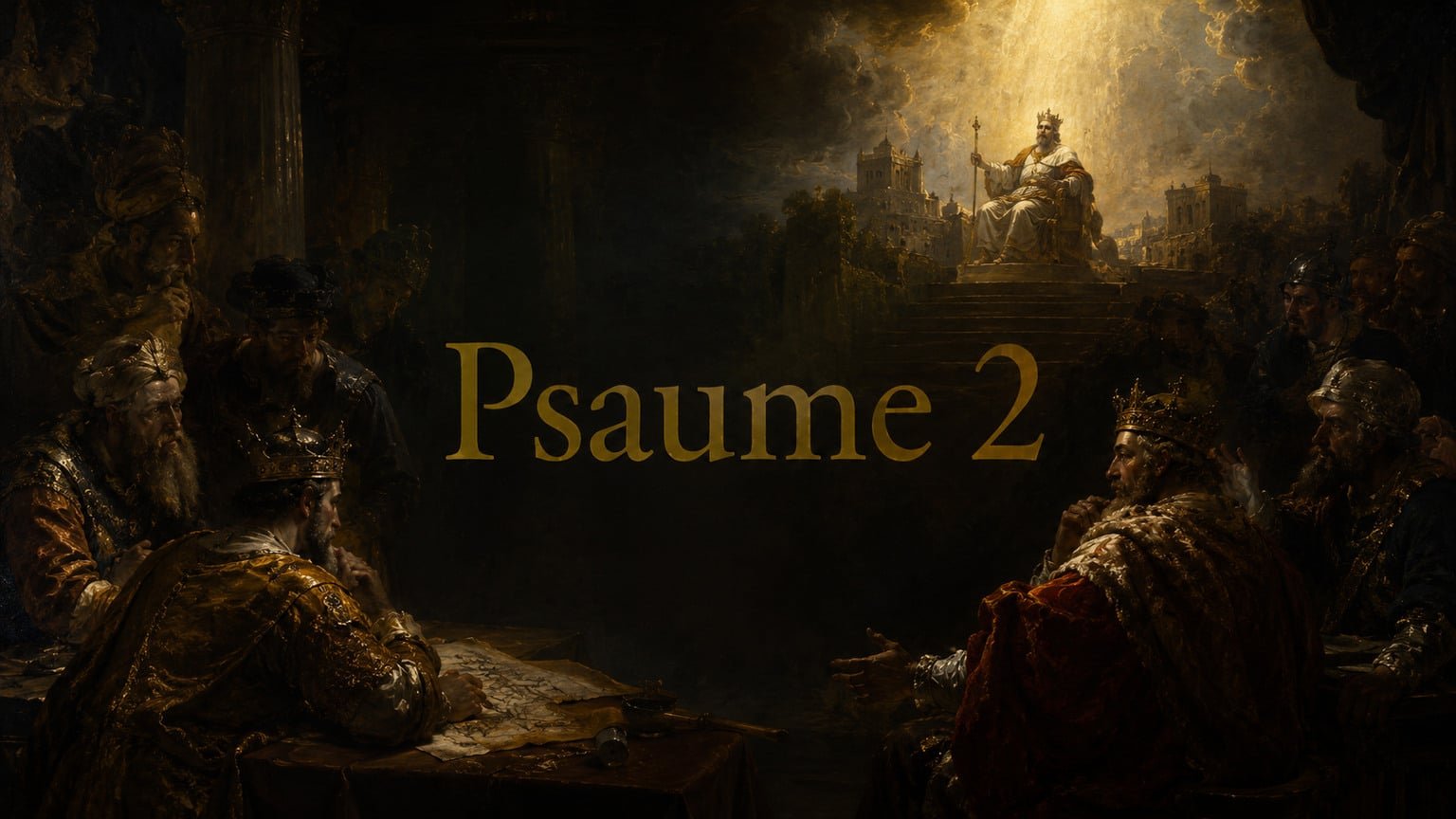 Psaume 2 en lettres d’or au centre d’une scène de rois conspirant devant le Roi éclairé sur Sion.