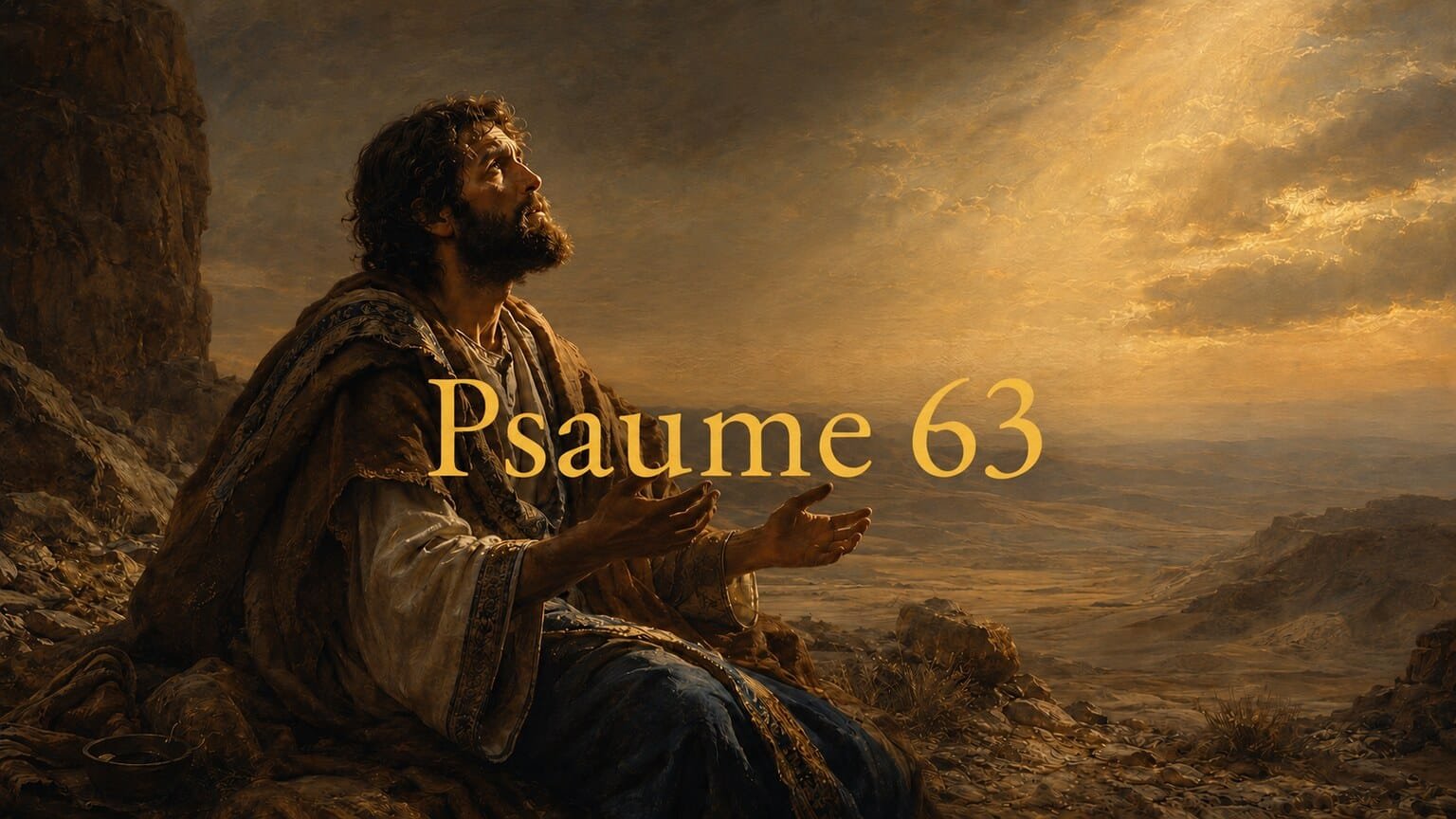 David prie les mains levées dans le désert de Juda, sous le titre doré et centré « Psaume 63 ».