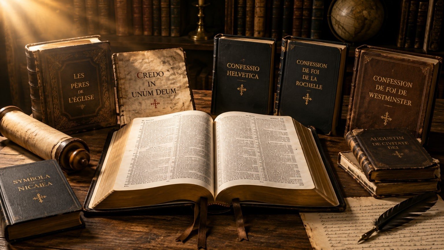 Bible ouverte au centre d’une table, entourée de credo, de Pères de l’Église et de confessions réformées, sous une lumière dorée.