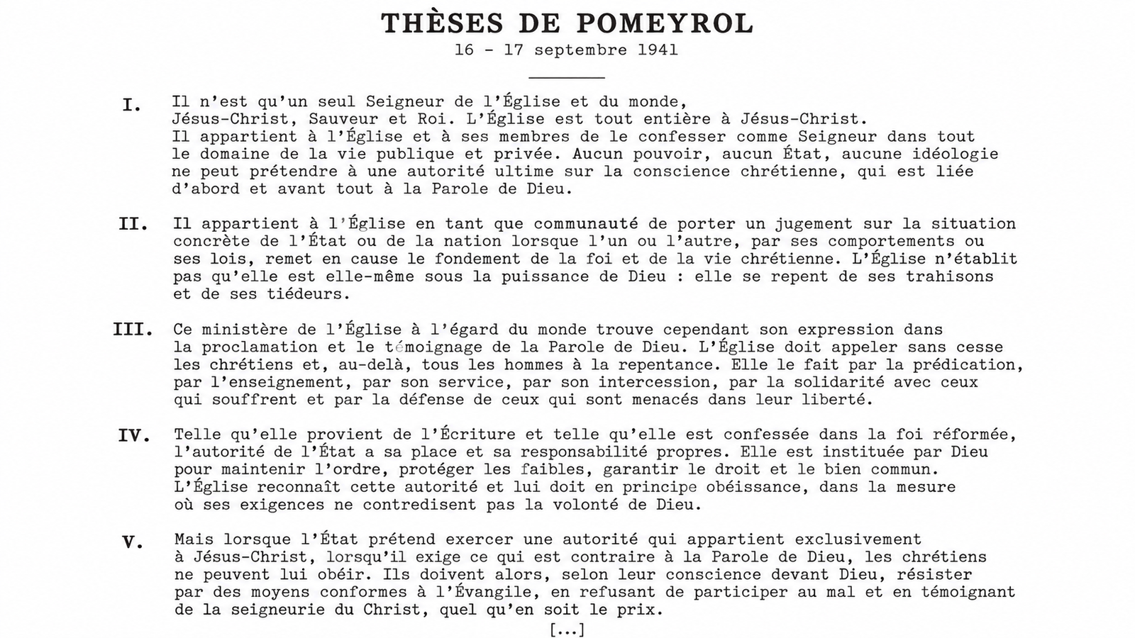 Extrait des Thèses de Pomeyrol rédigées les 16 et 17 septembre 1941, texte de résistance spirituelle protestante.