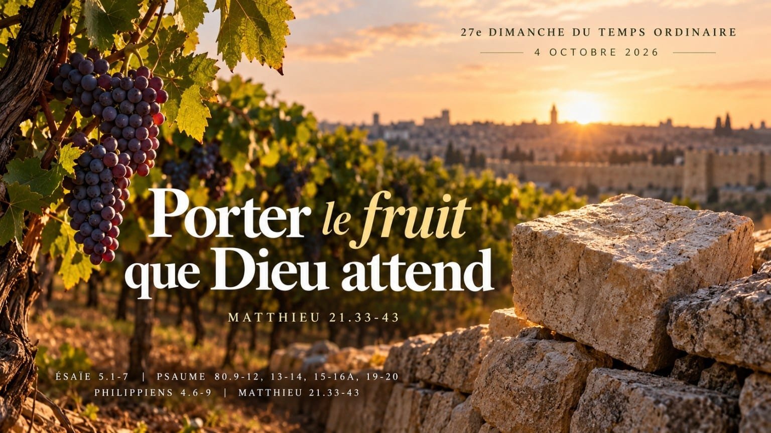 Vigne chargée de raisins au soleil couchant devant Jérusalem, avec mur de pierre et titre « Porter le fruit que Dieu attend ».