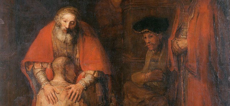 Le père accueille son fils agenouillé dans Le Retour du fils prodigue de Rembrandt, scène en clair-obscur.