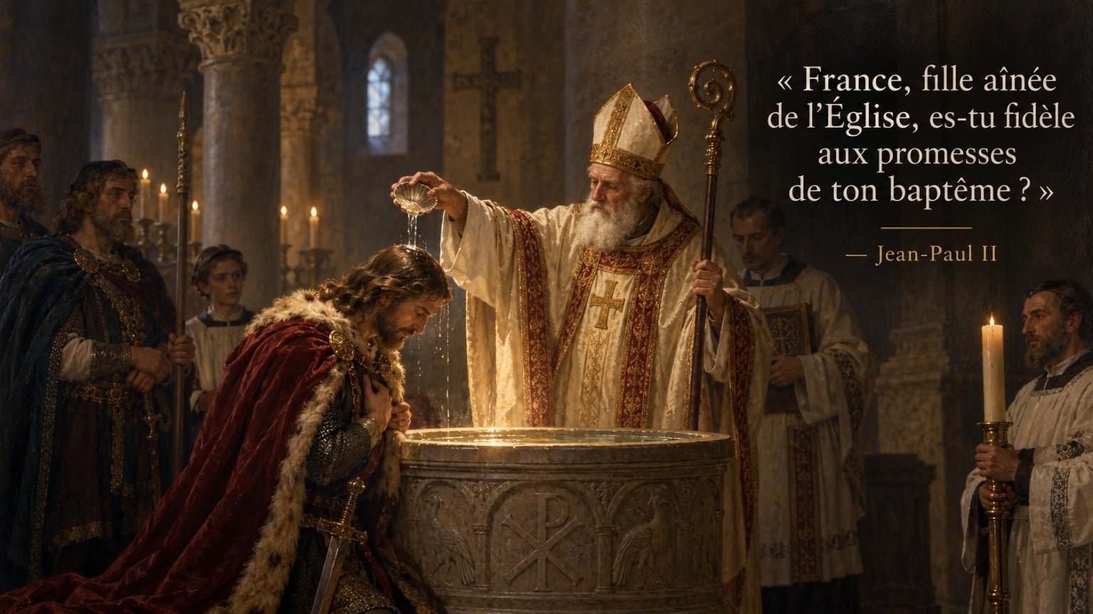 Illustration du baptême de Clovis à Reims par saint Remi, avec la question de Jean-Paul II sur les promesses du baptême de la France.