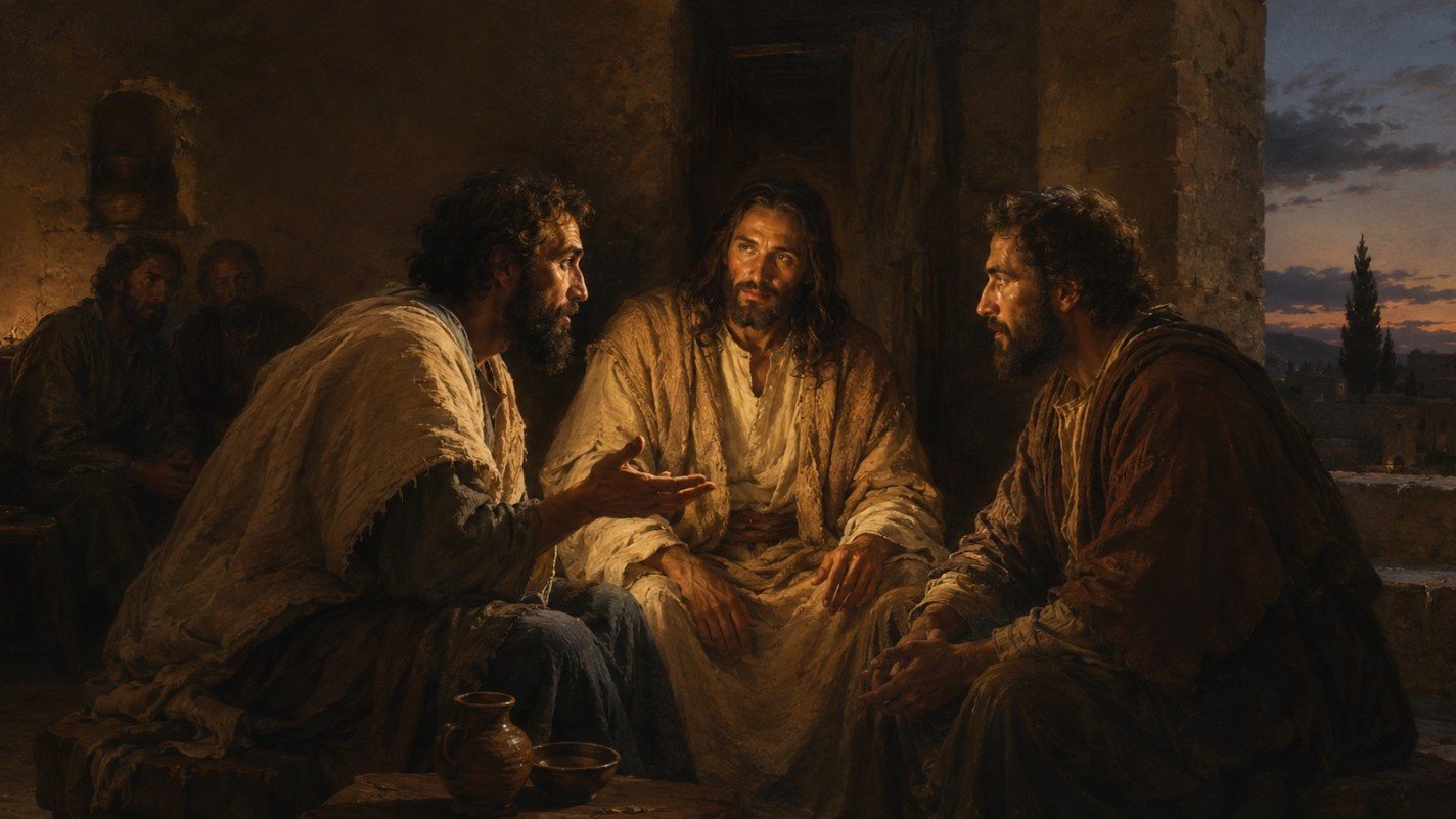 Deux disciples échangent avec gravité tandis que le Christ, assis entre eux, accompagne leur démarche de correction fraternelle et de réconciliation.