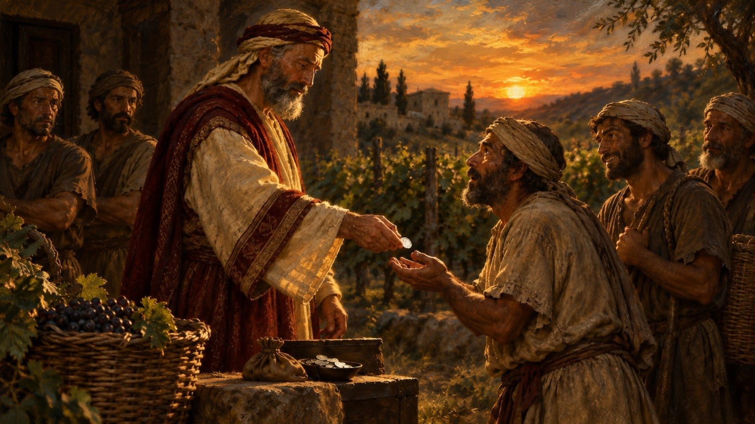 Dans une vigne au coucher du soleil, le maître remet un denier à un ouvrier sous le regard de plusieurs travailleurs, image de la grâce qui dépasse nos calculs.