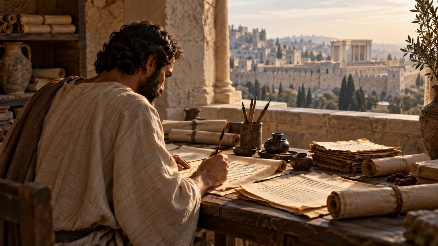 Un scribe du Ier siècle écrit sur des rouleaux et feuillets devant une vue de Jérusalem et du Temple, entouré de manuscrits et d’encre.