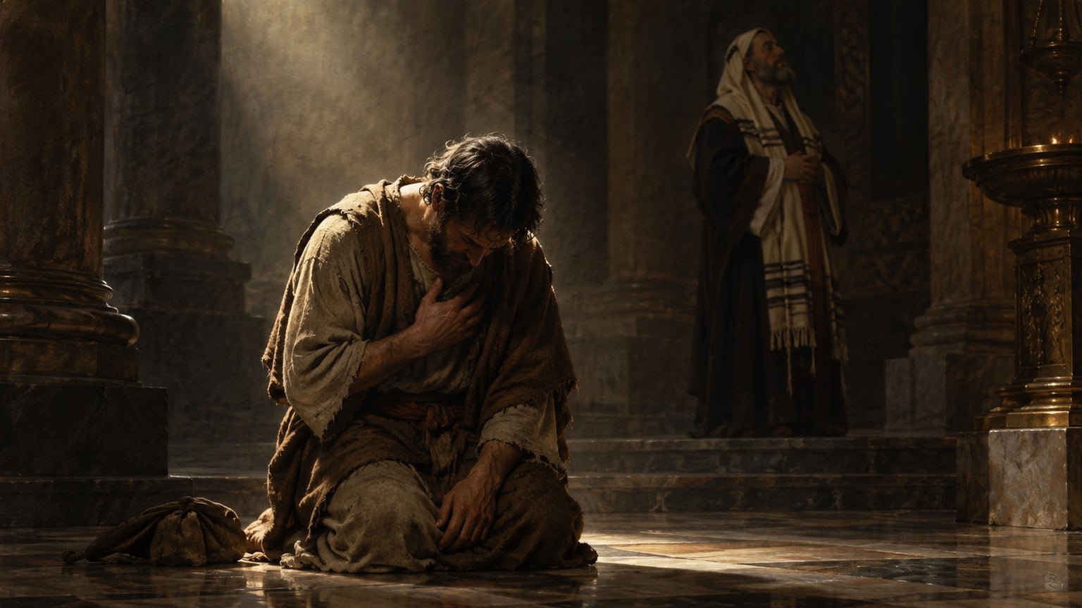 Dans un temple sombre, un publicain agenouillé est éclairé au premier plan tandis qu’un pharisien se tient debout dans l’ombre.
