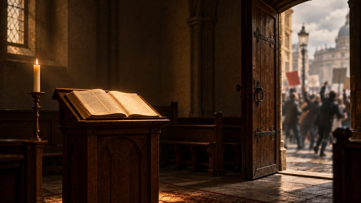 Bible ouverte et éclairée dans une chapelle calme, tandis qu’une porte donne sur une foule agitée et des pancartes floues à l’extérieur.