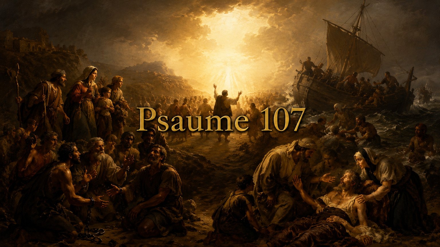 Illustration du Psaume 107 : les délivrances répétées de Dieu pour les errants, captifs, malades et marins qui crient vers lui.