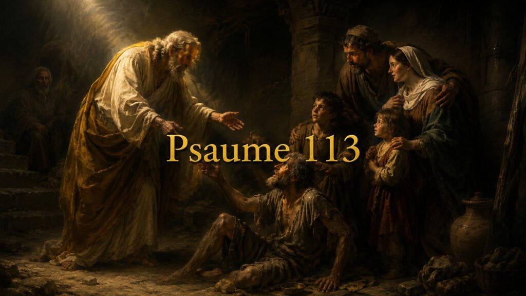Illustration du Psaume 113 : la grandeur du Dieu élevé qui s’abaisse pour relever le pauvre et donner une maison à la femme stérile.