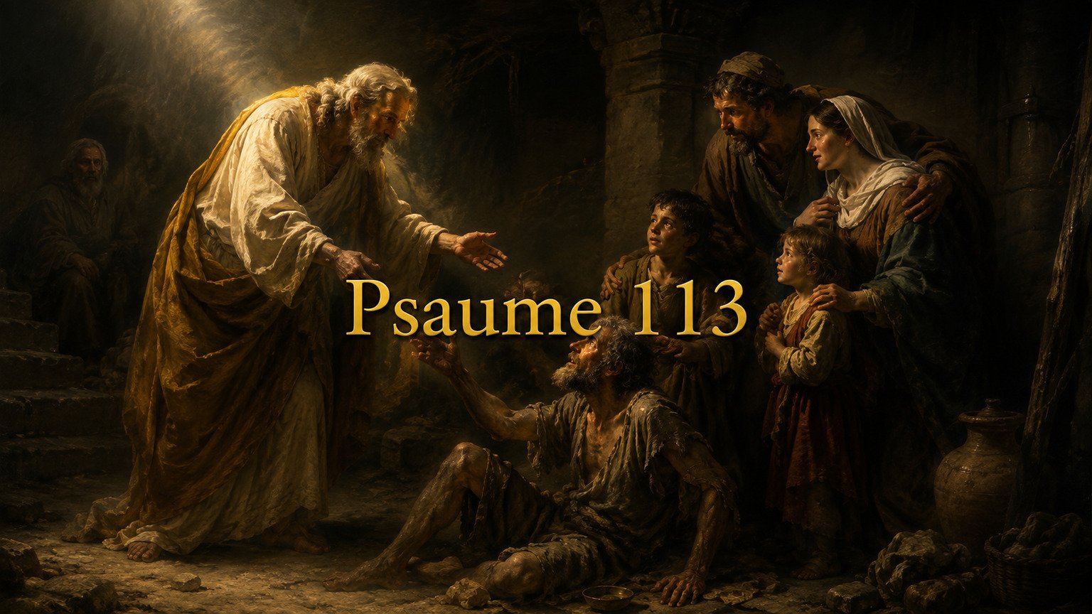 Illustration du Psaume 113 : la grandeur du Dieu élevé qui s’abaisse pour relever le pauvre et donner une maison à la femme stérile.