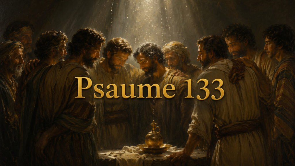Illustration du Psaume 133 : la communion fraternelle comme huile de consécration et rosée vivifiante où Dieu ordonne la bénédiction.