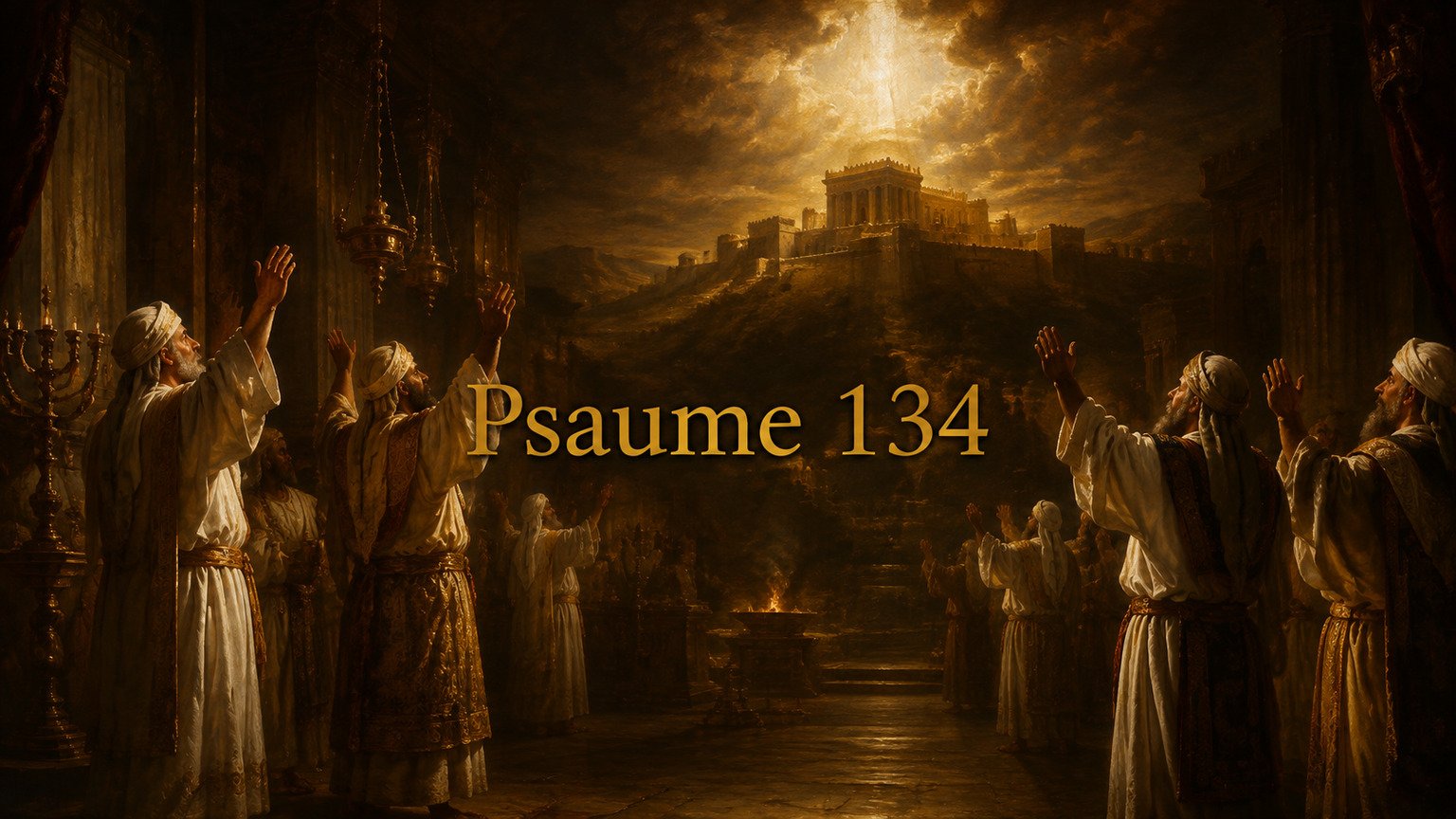 Illustration du Psaume 134 : les serviteurs bénissant Dieu dans sa maison pendant la nuit et recevant sa bénédiction de Sion.