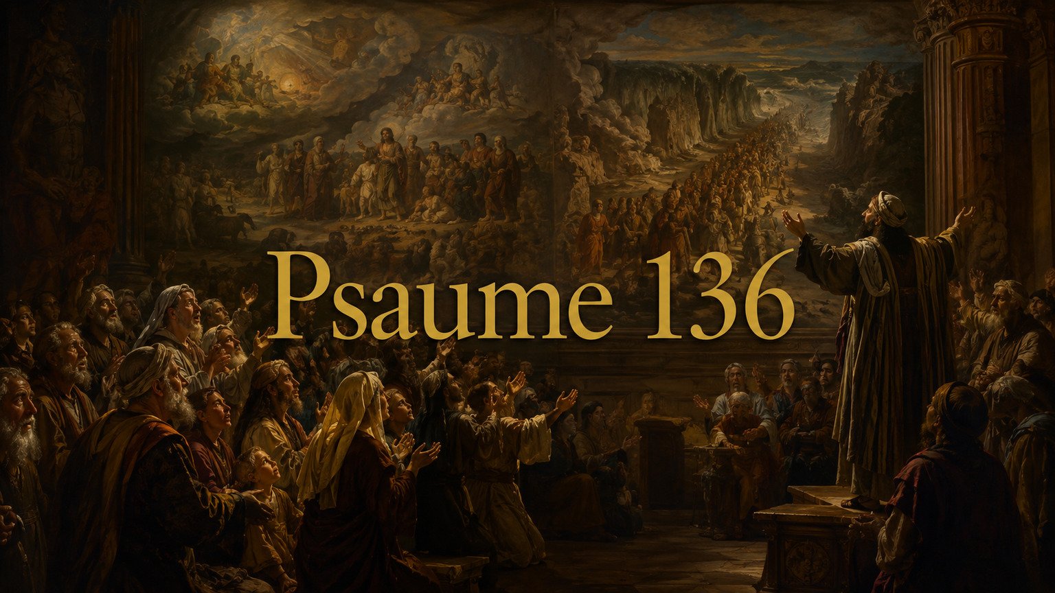 Illustration du Psaume 136 : la bonté éternelle de Dieu confessée à travers création, Exode, désert et don du pays.
