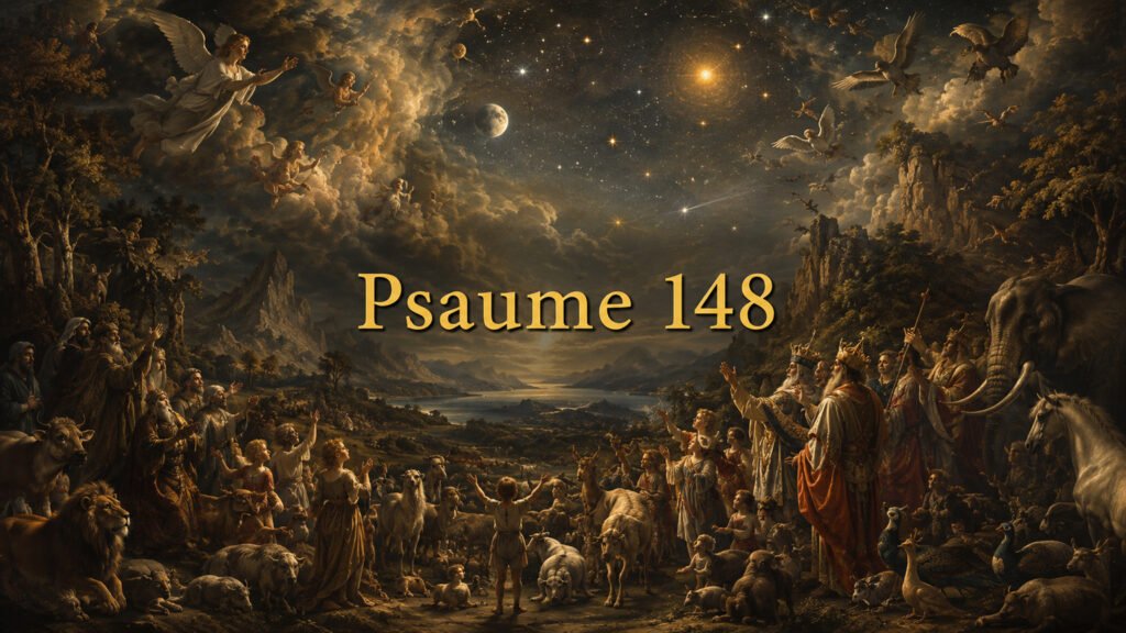 Illustration du Psaume 148 : toute la création céleste et terrestre appelée à louer le Créateur qui relève la force de son peuple.