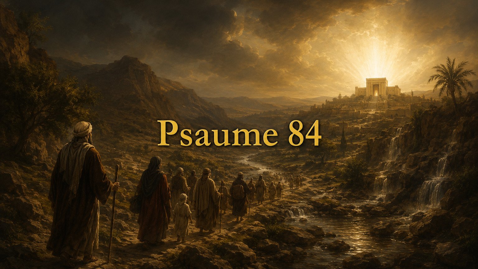 Illustration du Psaume 84 : des pèlerins traversent une vallée aride changée en source, le sanctuaire lumineux au loin.