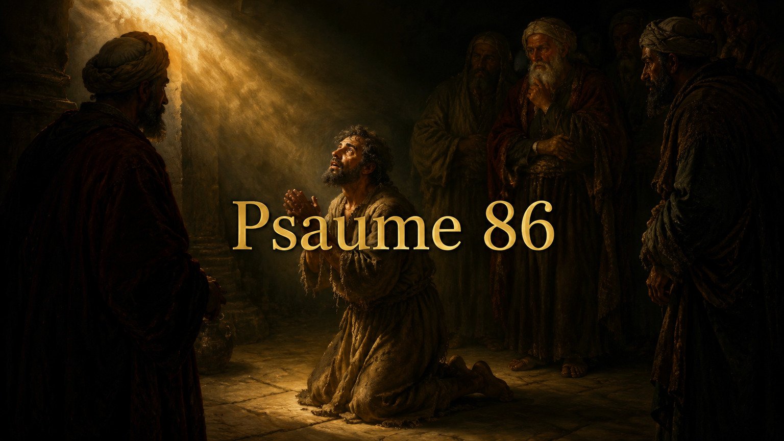 Illustration du Psaume 86 : un serviteur pauvre à genoux demande secours, entouré d’adversaires mais tourné vers une lumière unique.