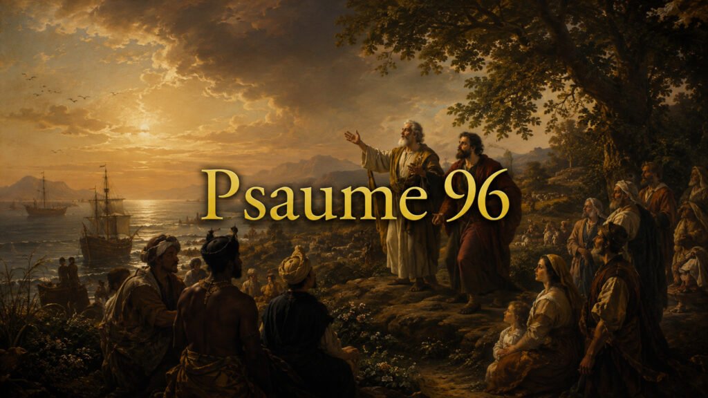 Illustration du Psaume 96 : le cantique nouveau annonçant parmi les nations que l’Éternel règne et vient juger avec justice.