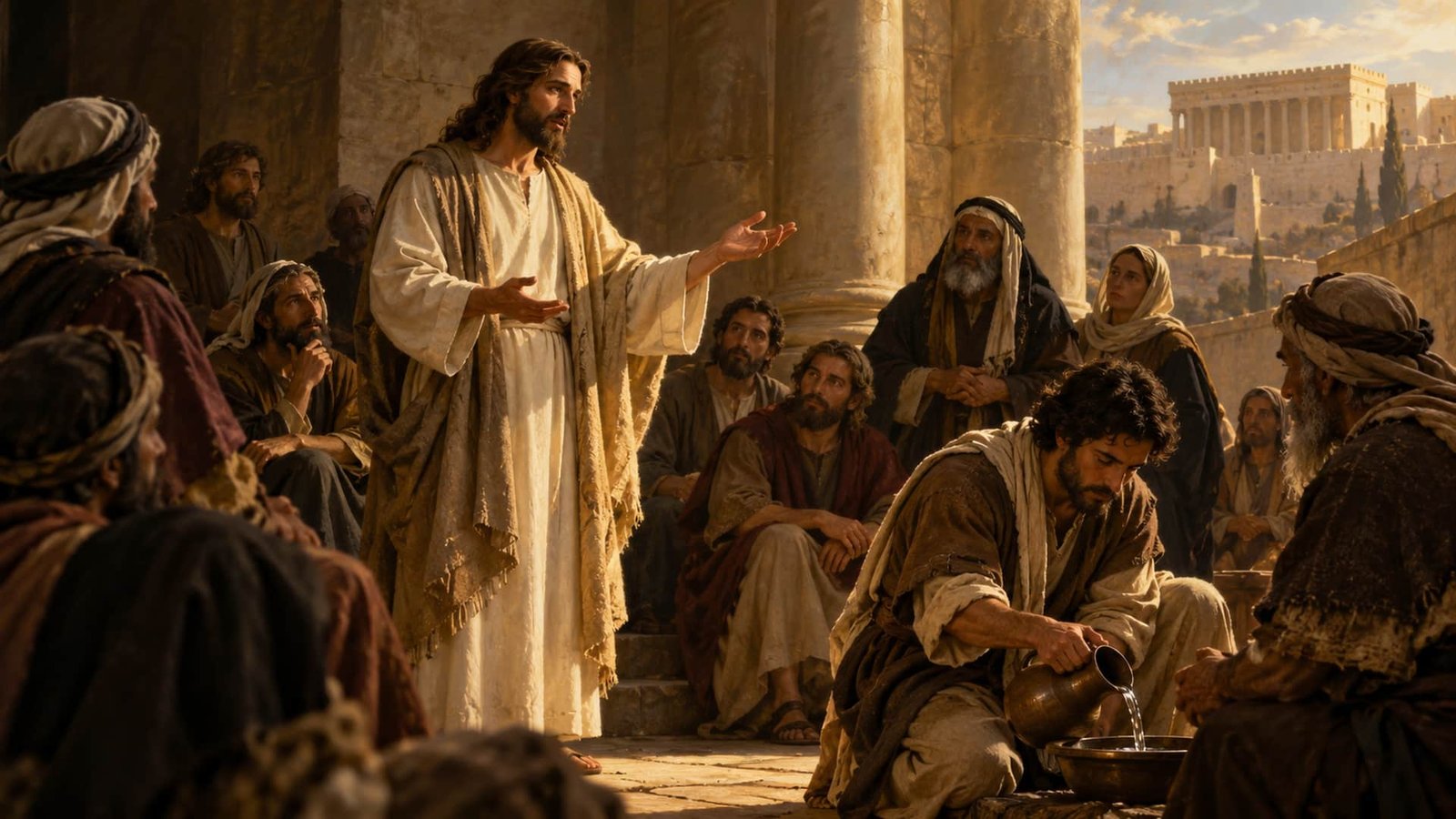 Jésus enseigne dans une cour de Jérusalem devant une assemblée attentive ; au premier plan, un homme agenouillé verse de l’eau dans une bassine.