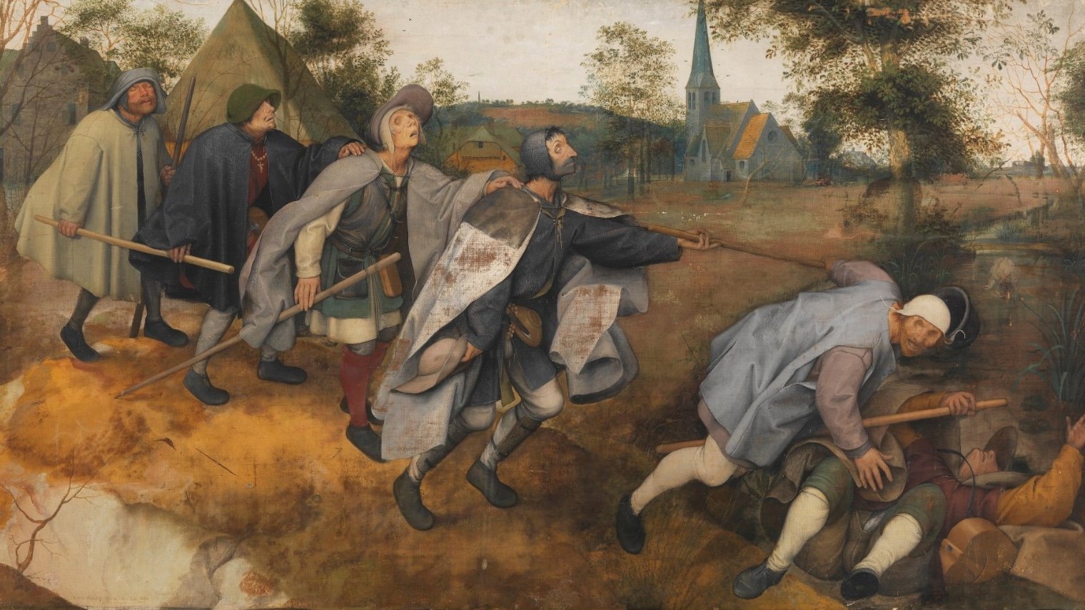 Six hommes aveugles avancent en file, tandis que les premiers tombent dans un fossé, devant un paysage flamand et une église.