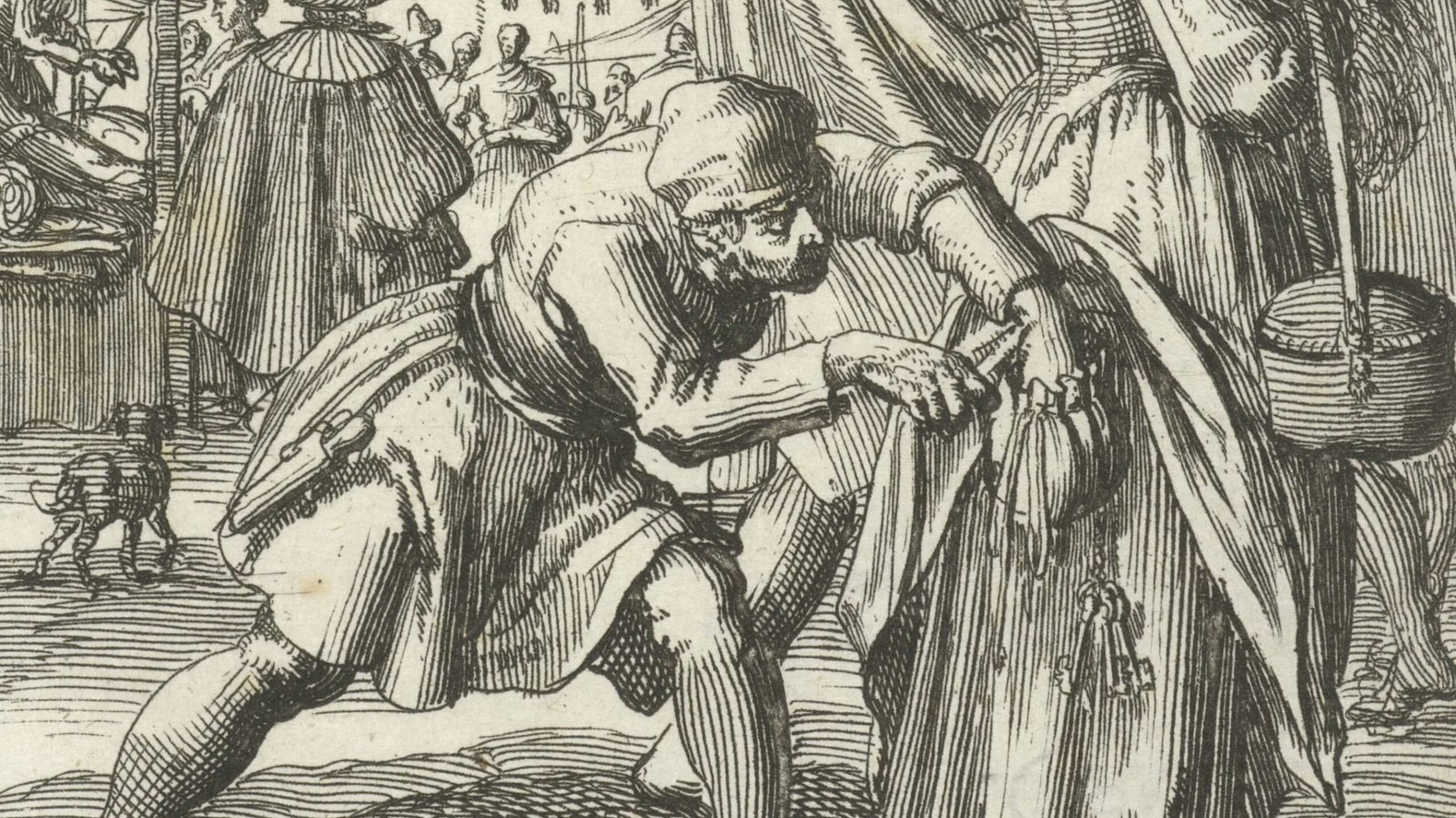 Gravure de Jan Luyken (1685) représentant un voleur dérobant la bourse d’une femme sur une place de marché parmi les passants.