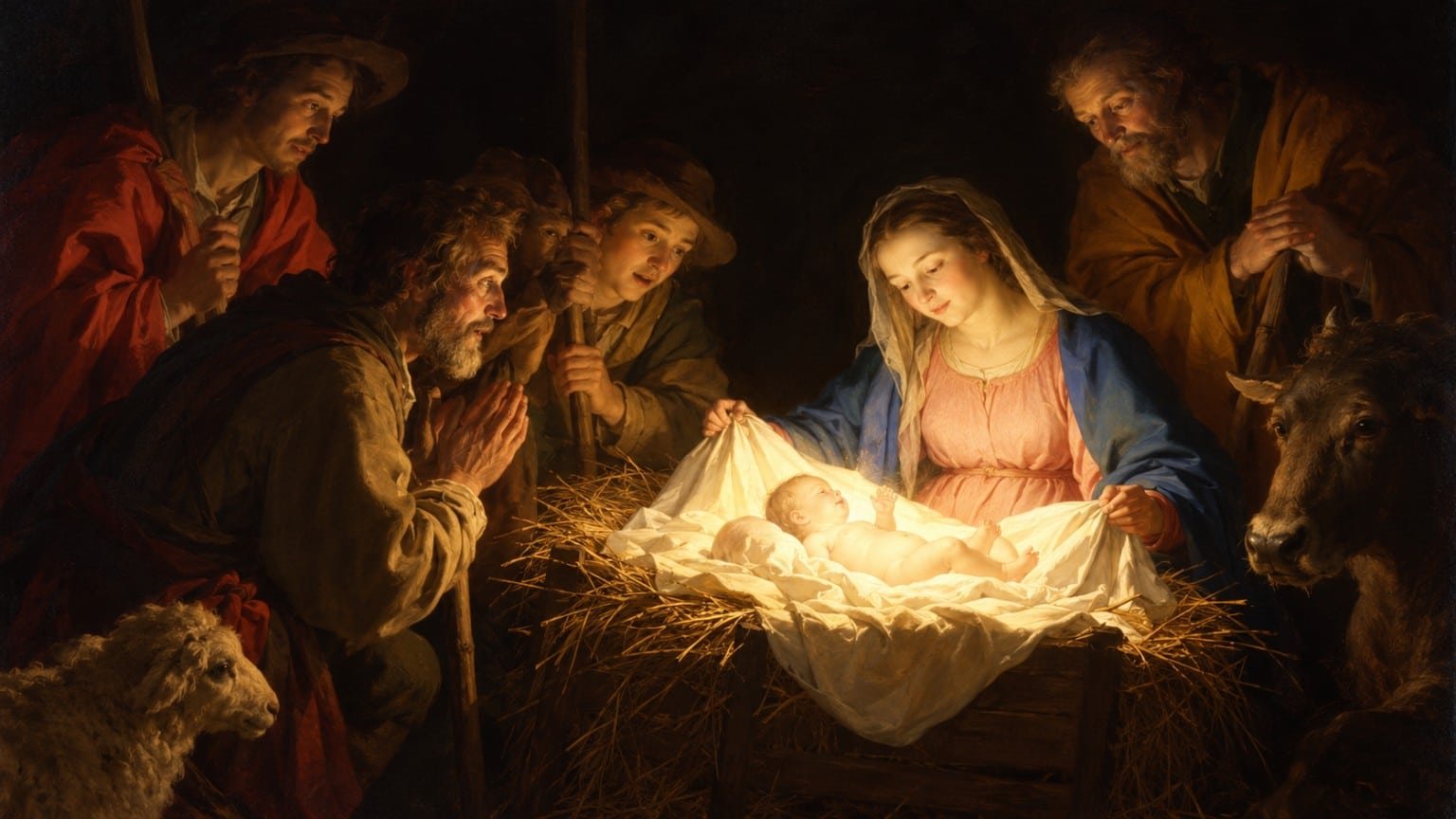 Marie et des bergers entourent le nouveau-né dans une étable sombre, éclairée par une lumière dorée.