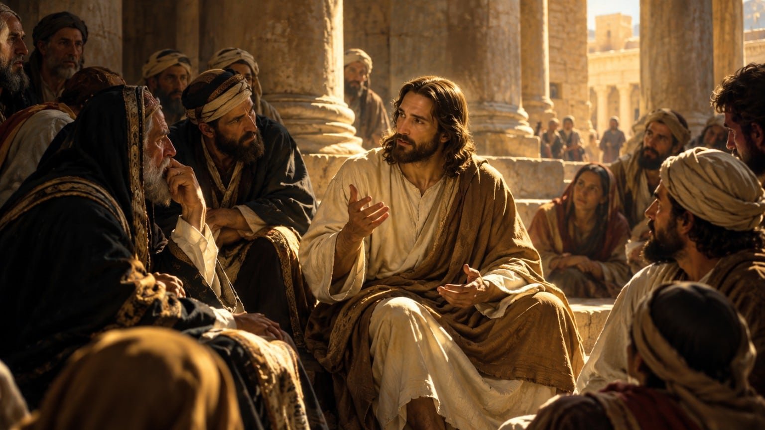 Jésus, assis au milieu de ses interlocuteurs dans une cour à colonnes, enseigne le grand commandement sous une lumière dorée, en présence d’une assemblée attentive.
