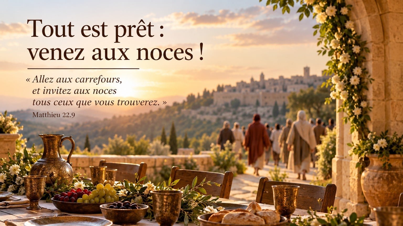 Table de noces dressée au soleil couchant, avec des invités en marche vers la cité et l’appel de Matthieu 22 à venir au festin du Royaume.