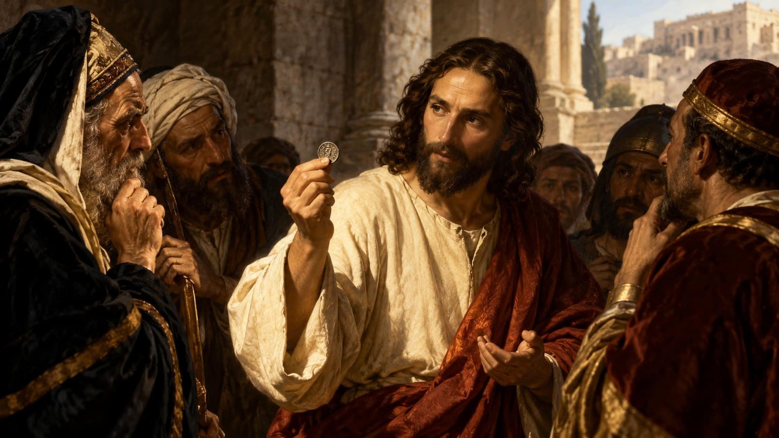 Jésus, vêtu d’une robe claire, montre une monnaie à des chefs religieux rassemblés sous un portique de pierre, dans une lumière chaude et contrastée.