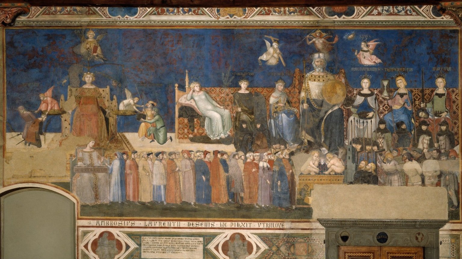 Fresque de Lorenzetti : Justice, Concorde et les vertus du bon gouvernement entourent le pouvoir civil, devant une assemblée de citoyens.