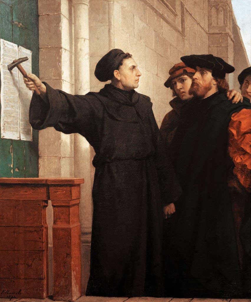 Peinture de Ferdinand Pauwels (1872) représentant Martin Luther devant la porte de l'église du château de Wittenberg, dans une scène historiquement discutée.