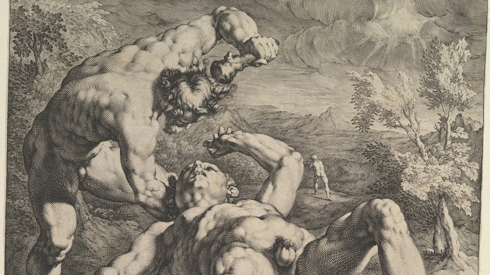 Gravure de Jan Muller, d’après Cornelis Cornelisz van Haarlem, montrant Caïn levant son arme au-dessus d’Abel avant de le frapper.